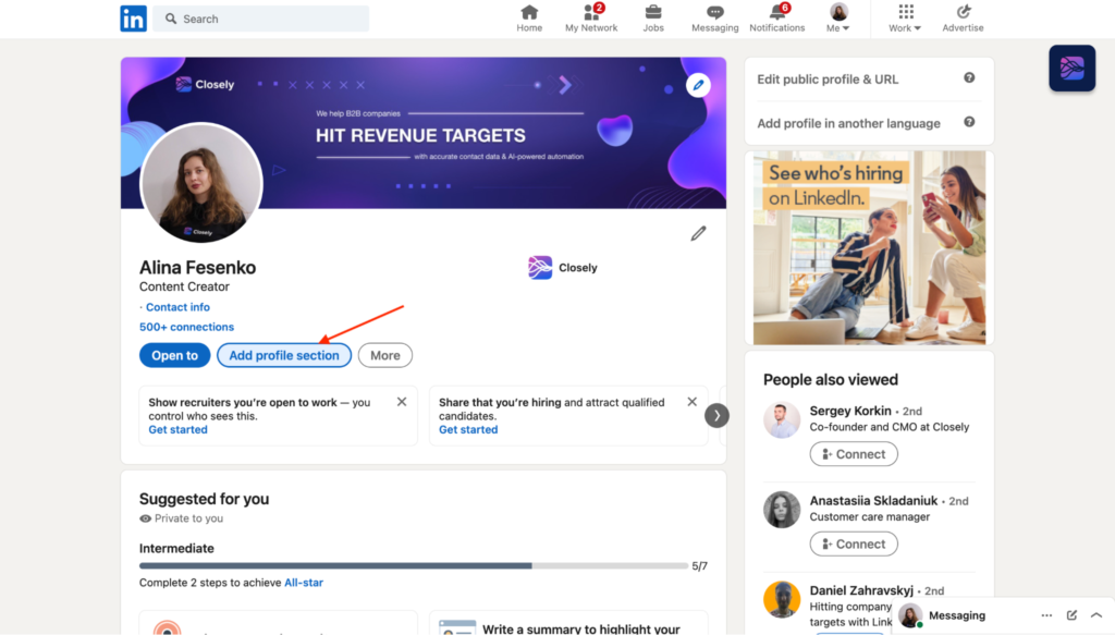 How to add a portfolio section to your LinkedIn profile - click on Add profile section